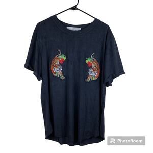 Reves Paris Embroidered Twin Tiger Black Tee Shirt Sz L